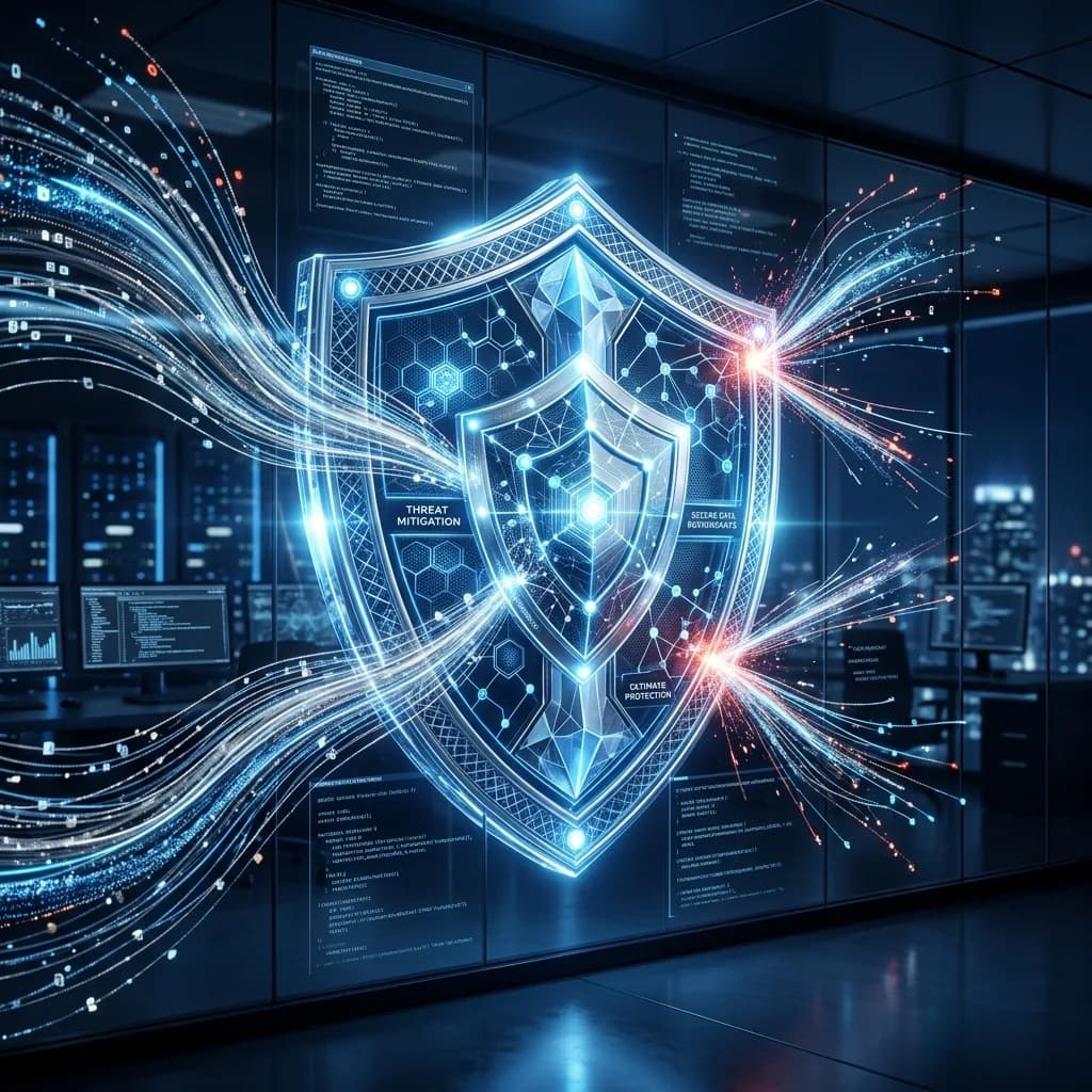 Escudo de ciberseguridad y flujos de datos digitales, representando la nueva Ley Marco de Ciberseguridad.